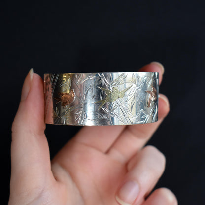 Antique Victorian Silver and Gold Bird Cuff Bangle Bracelet