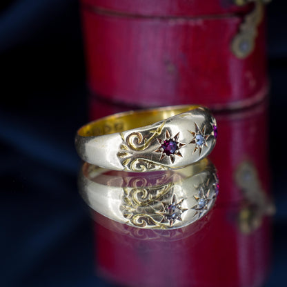 Antique Ruby Diamond Starburst 18ct Gold Gypsy Band Ring | Dated 1908