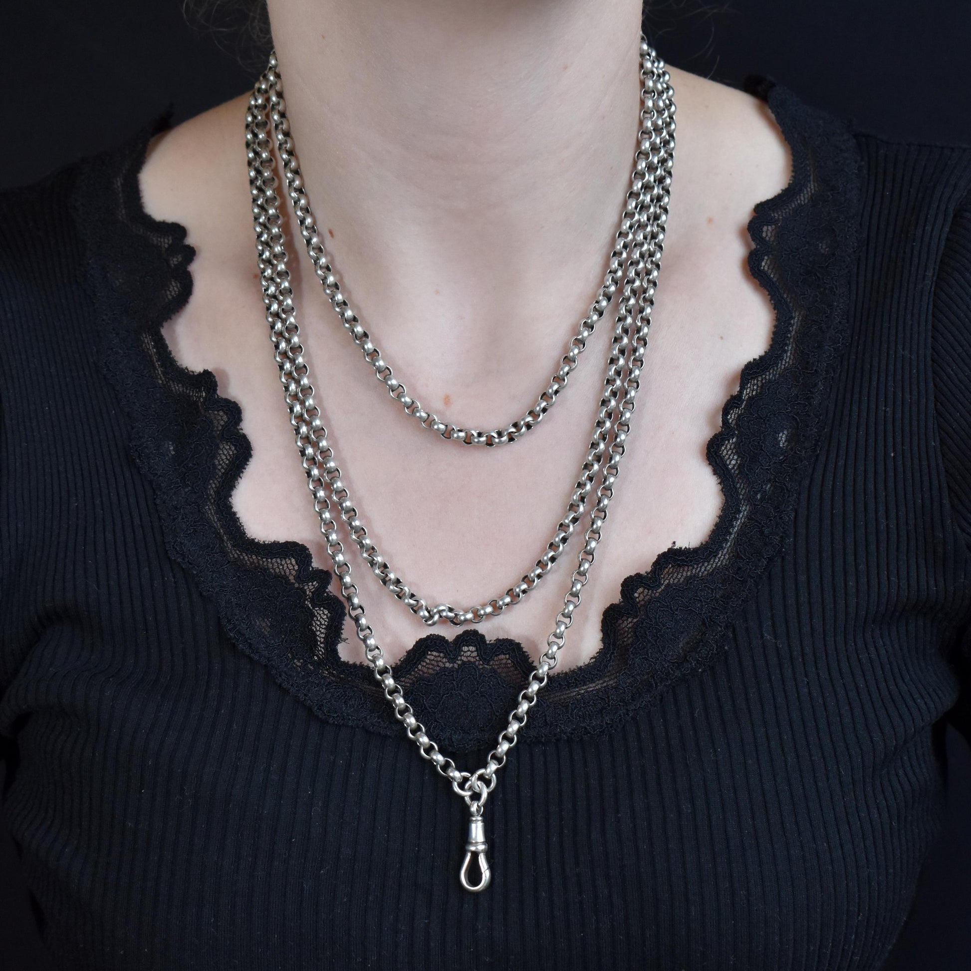 Antique Silver Long Belcher Guard Chain Necklace | 59" Length