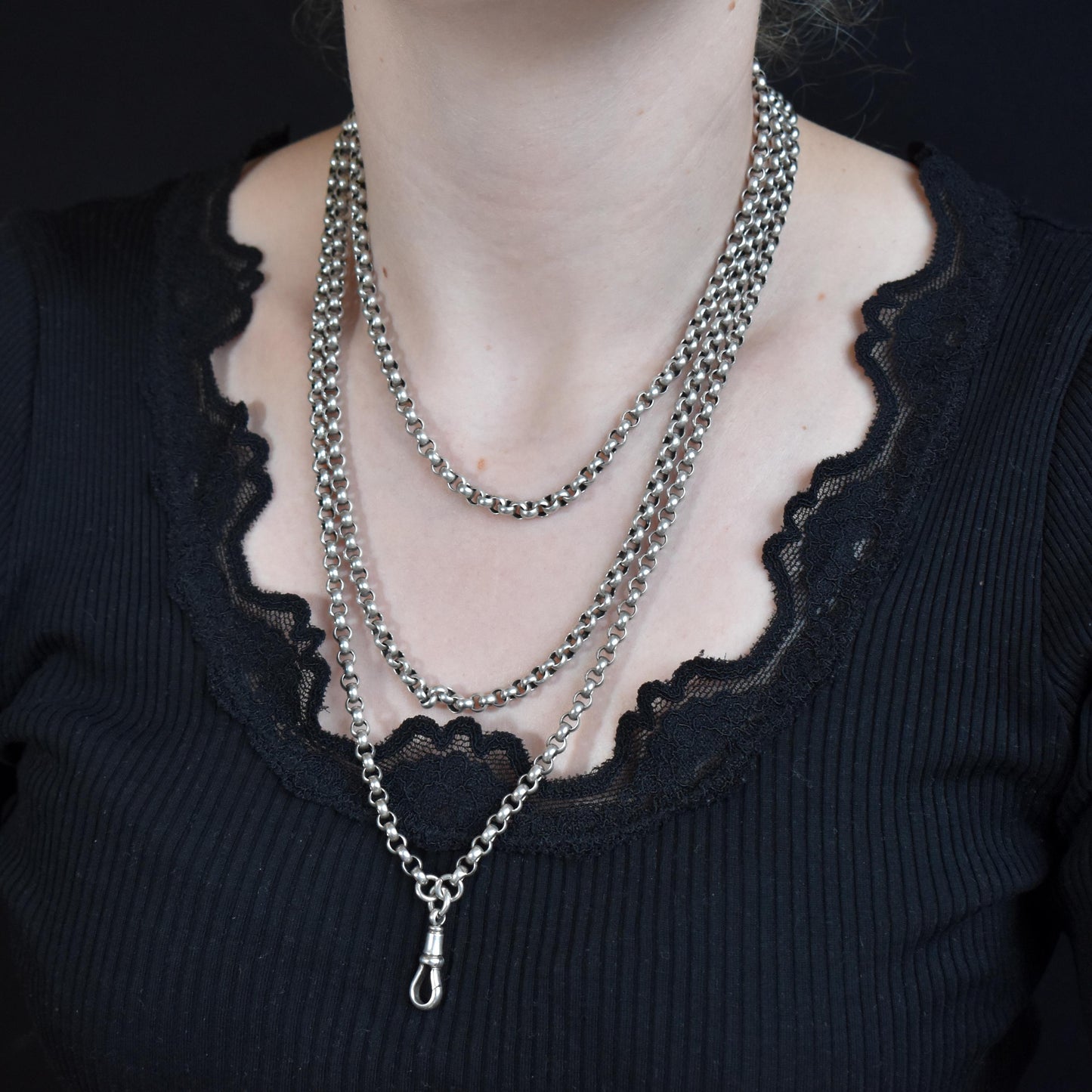 Antique Silver Long Belcher Guard Chain Necklace | 59" Length