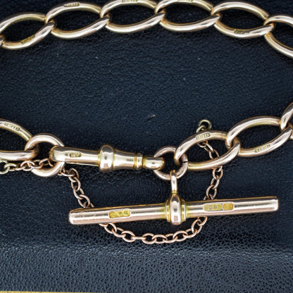 Antique 15ct Yellow Gold Curb Bracelet with Dog Clip and T-Bar | 7"