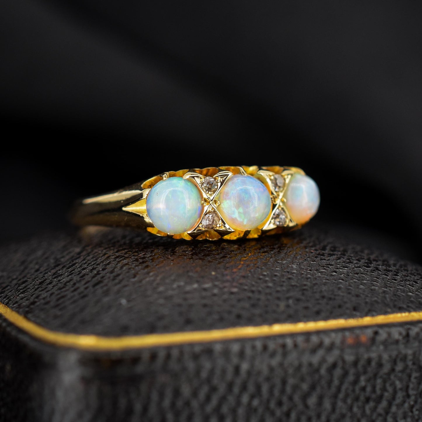 Antique Natural Opal and Diamond 18ct Yellow Gold Three Stone Trilogy Ring