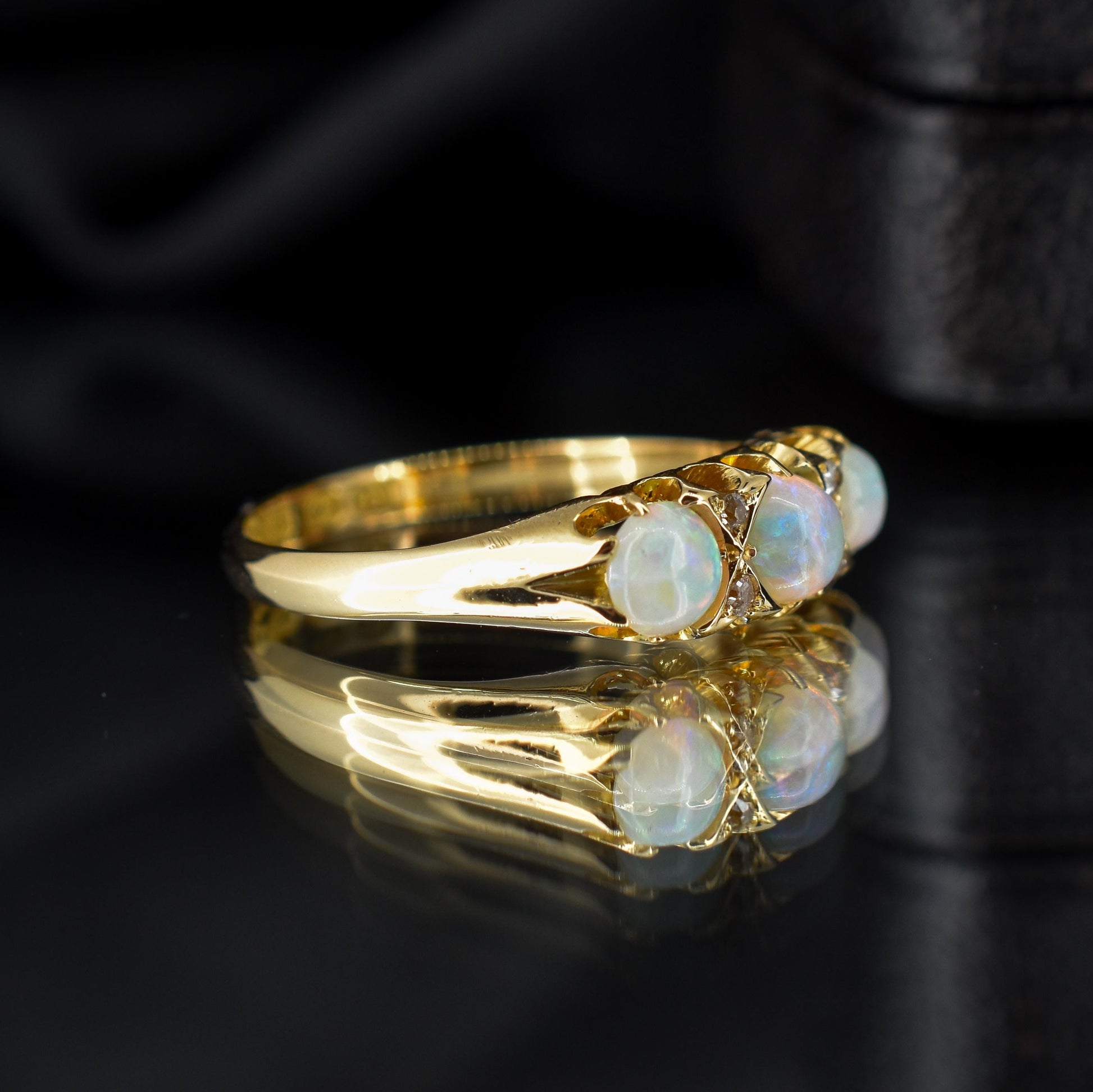 Antique Natural Opal and Diamond 18ct Yellow Gold Three Stone Trilogy Ring