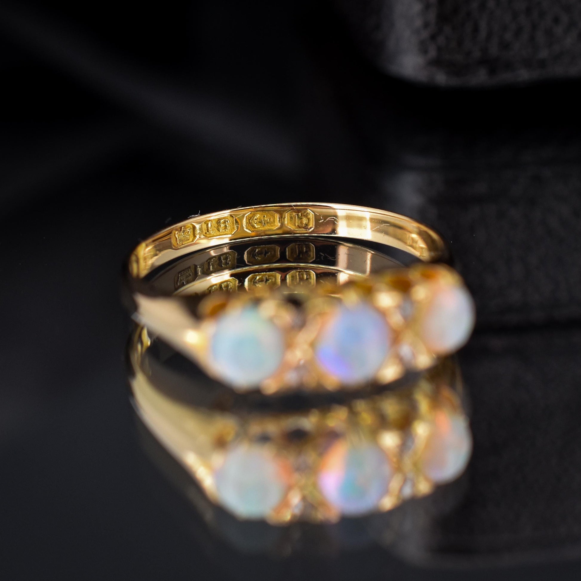 Antique Natural Opal and Diamond 18ct Yellow Gold Three Stone Trilogy Ring