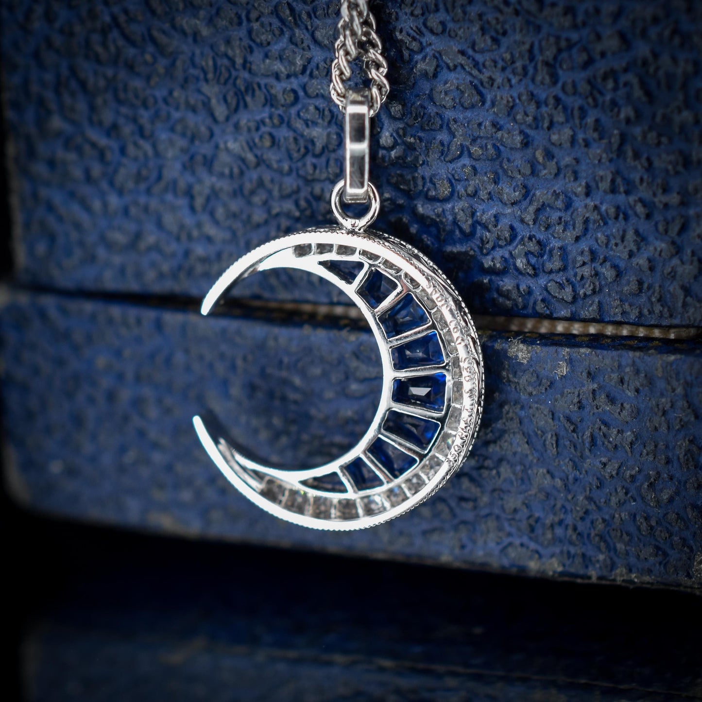 Antique Style Diamond and Blue Sapphire Crescent Moon Platinum Pendant