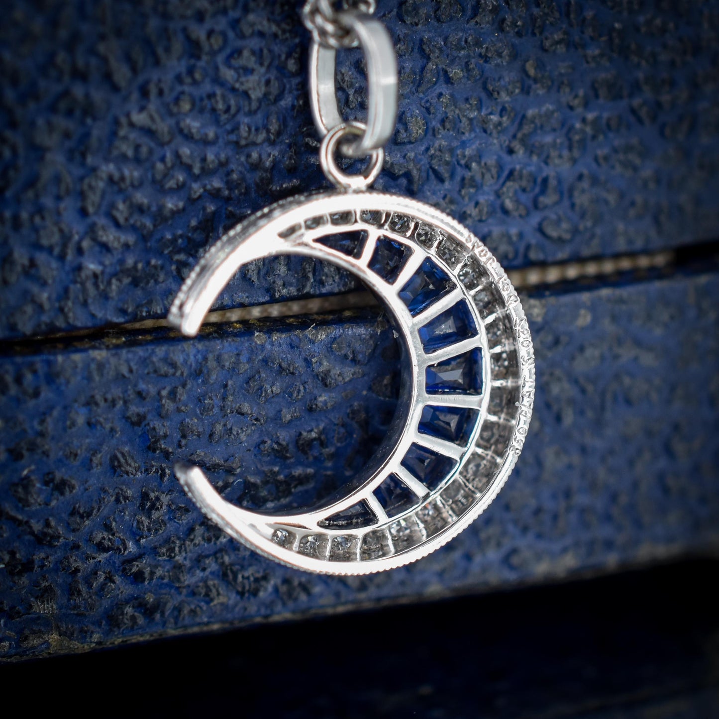 Antique Style Diamond and Blue Sapphire Crescent Moon Platinum Pendant