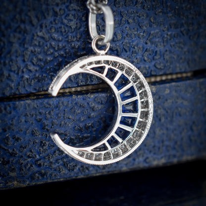 Antique Style Diamond and Blue Sapphire Crescent Moon Platinum Pendant