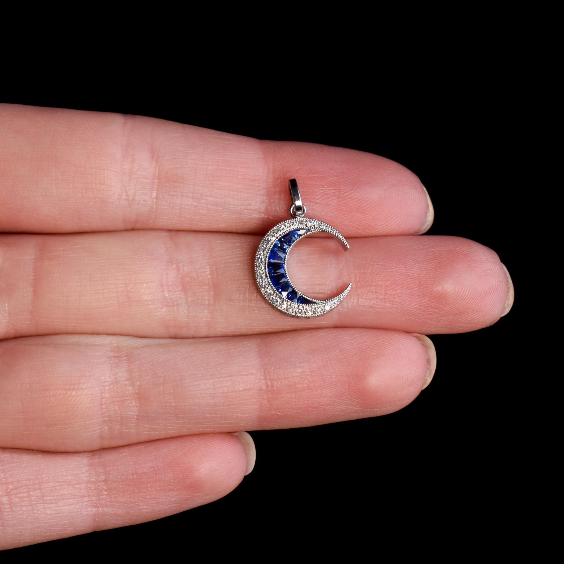 Antique Style Diamond and Blue Sapphire Crescent Moon Platinum Pendant