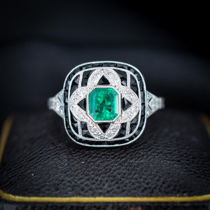 Art Deco Style Natural Emerald Diamond and Onyx Platinum Cocktail Ring