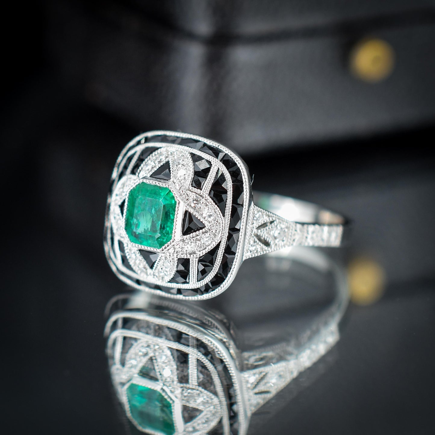 Art Deco Style Natural Emerald Diamond and Onyx Platinum Cocktail Ring