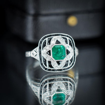 Art Deco Style Natural Emerald Diamond and Onyx Platinum Cocktail Ring