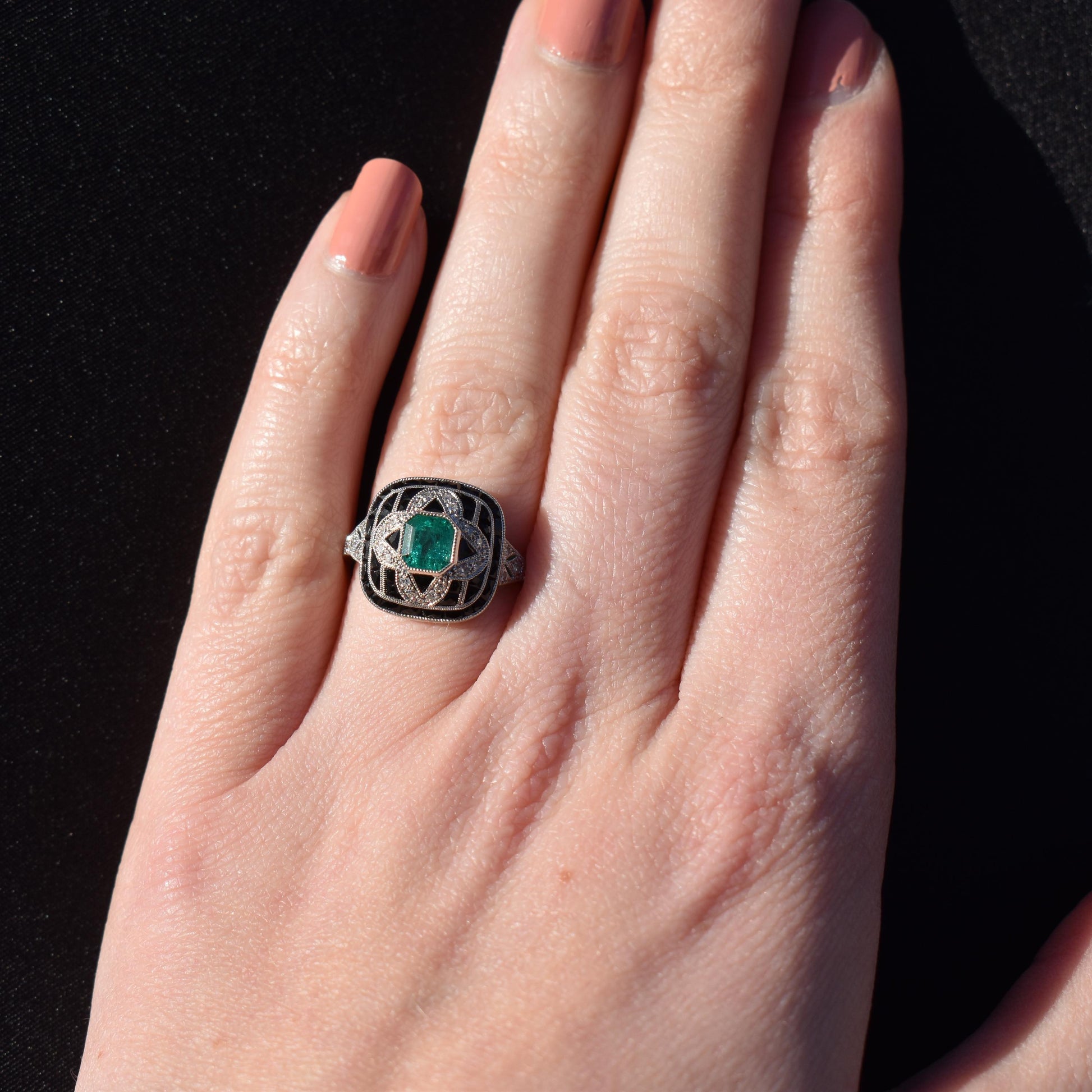 Art Deco Style Natural Emerald Diamond and Onyx Platinum Cocktail Ring