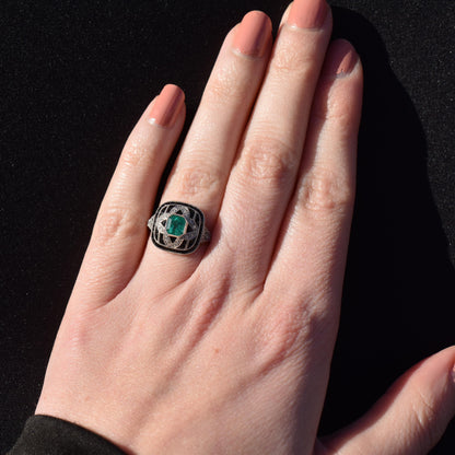 Art Deco Style Natural Emerald Diamond and Onyx Platinum Cocktail Ring