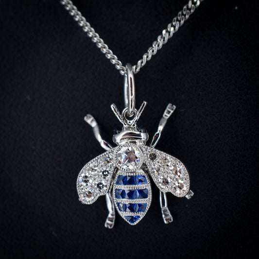 Blue Sapphire and Diamond Platinum Insect Bee Pendant | 0.25ct Diamond