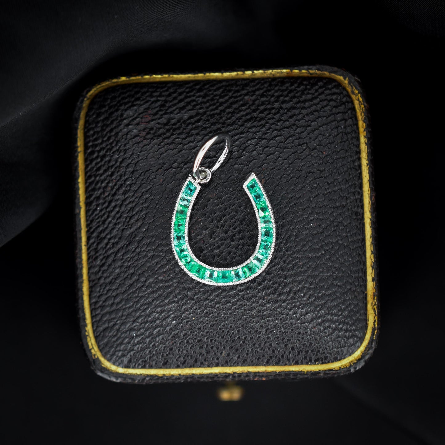 0.40ct French Cut Emerald Horseshoe Platinum Charm Pendant