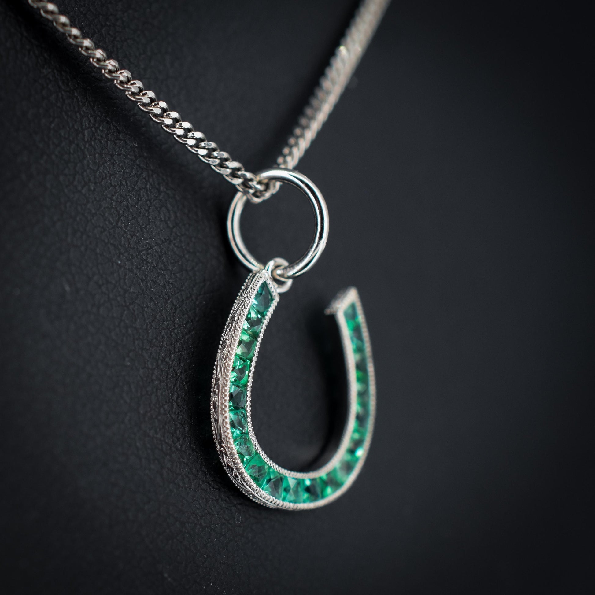 0.40ct French Cut Emerald Horseshoe Platinum Charm Pendant