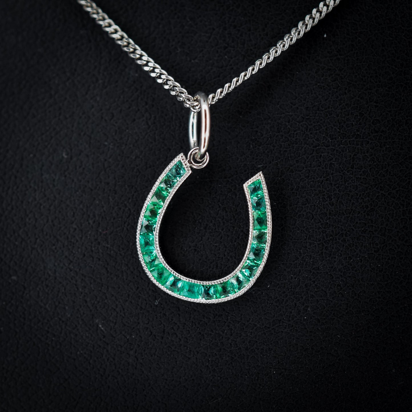 0.40ct French Cut Emerald Horseshoe Platinum Charm Pendant