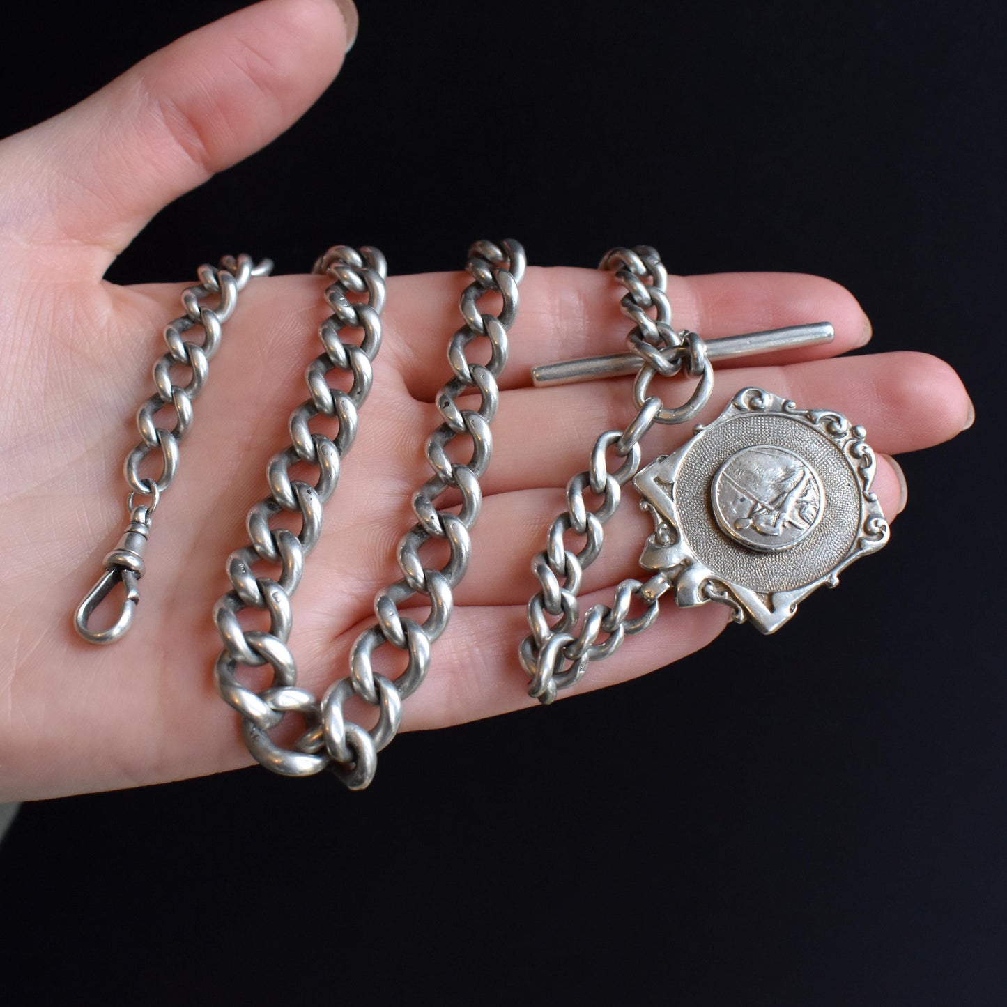 Antique Sterling Silver Curb Link Albert Watch Chain Necklace with T-Bar, Fishing Medal and Dog Clip