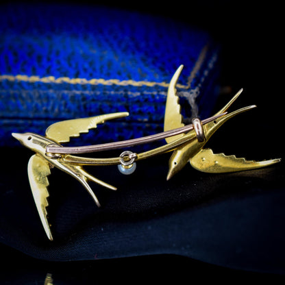 Antique Victorian Pearl Swallow Bird 15ct Gold Brooch Pin