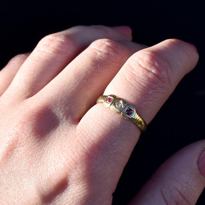 Vintage Ruby and Diamond 18ct Yellow Gold Three Stone Ring