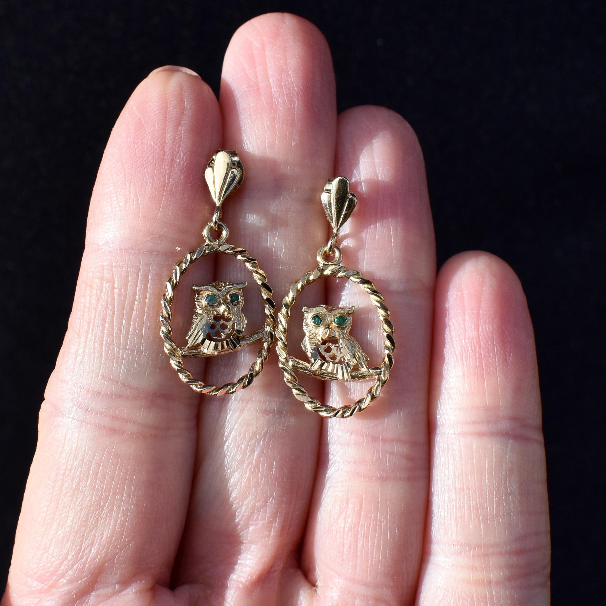 Vintage Owl Emerald 9ct Yellow Gold Drop Earrings