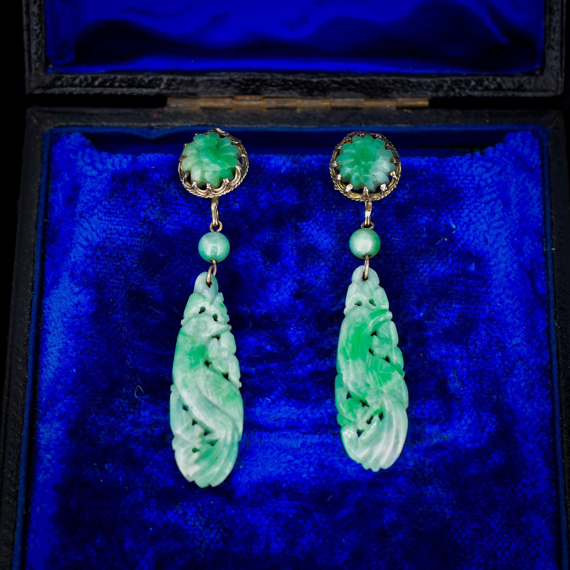 Art Deco 9ct Gold Carved Green Jade Floral Bird Earrings | Antique