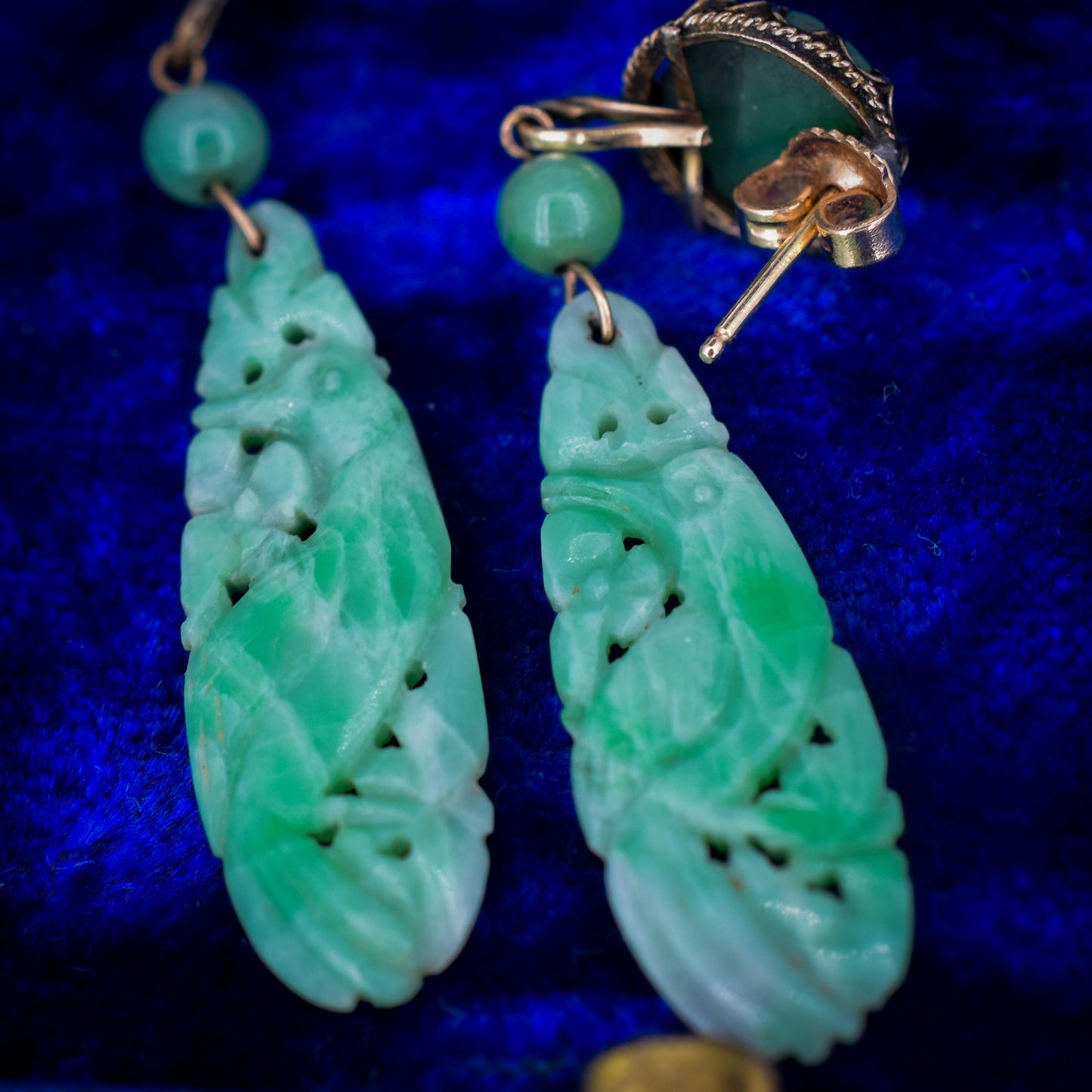 Art Deco 9ct Gold Carved Green Jade Floral Bird Earrings | Antique