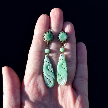 Art Deco 9ct Gold Carved Green Jade Floral Bird Earrings | Antique