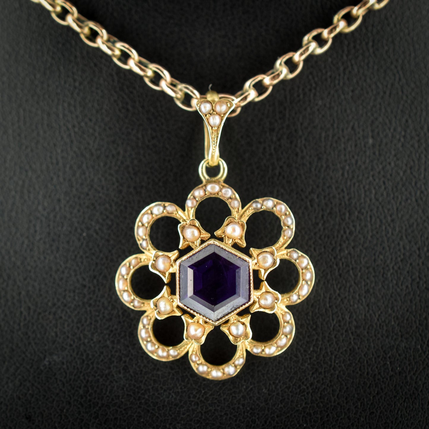 Antique 15ct Gold Amethyst and Pearl Flower Pendant