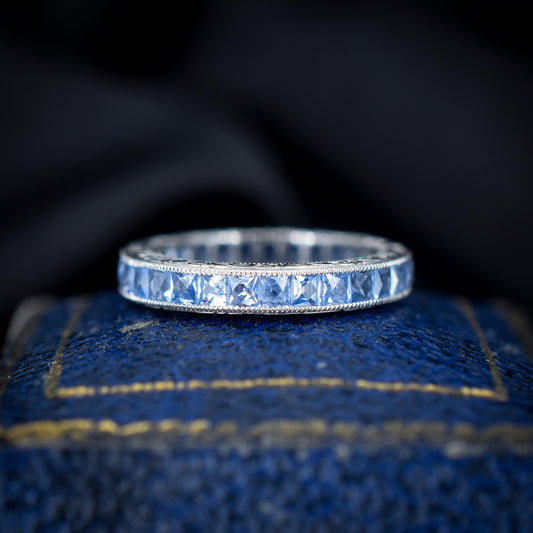 Art Deco Style 1.6ct Ceylon Sapphire Platinum Full Eternity Wedding Band Ring | Size 5