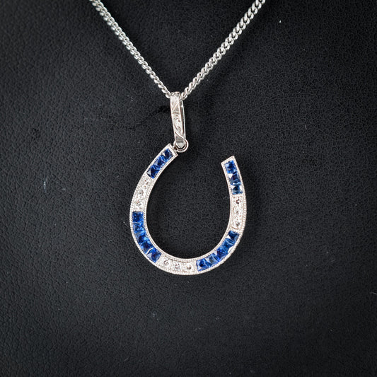 French Cut Blue Sapphire and Diamond Horseshoe Platinum Charm Pendant