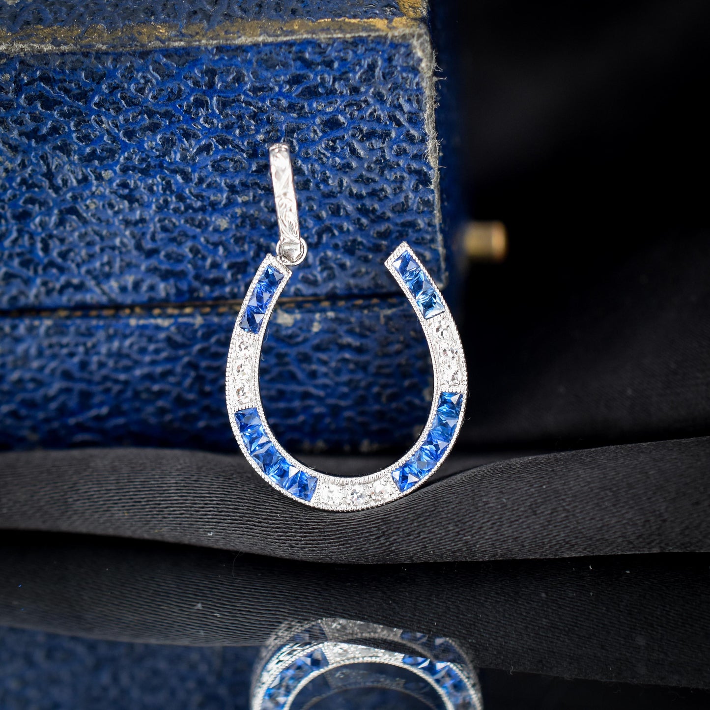 French Cut Blue Sapphire and Diamond Horseshoe Platinum Charm Pendant