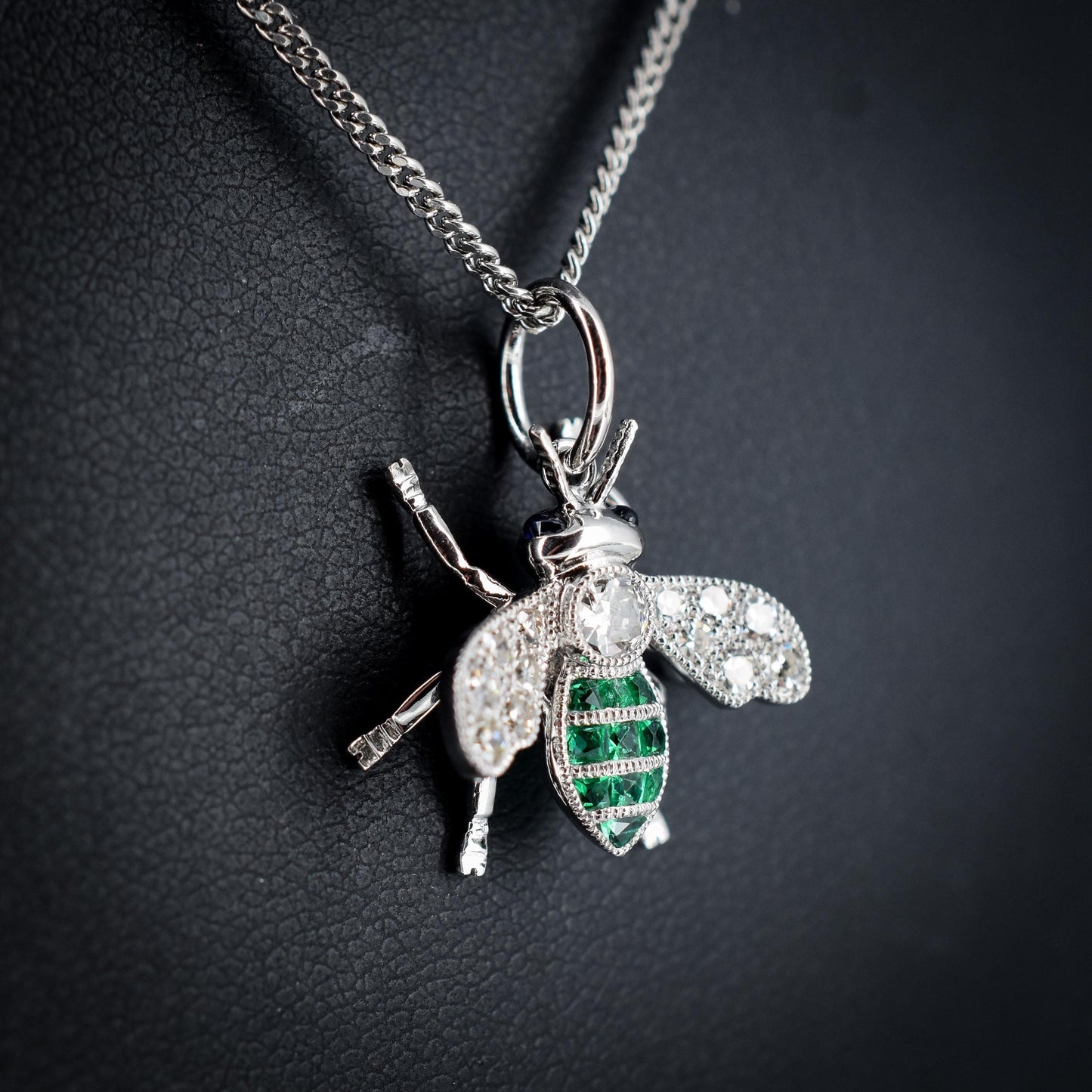 French Cut Emerald and Diamond Platinum Insect Bee Pendant | 0.25ct Diamond