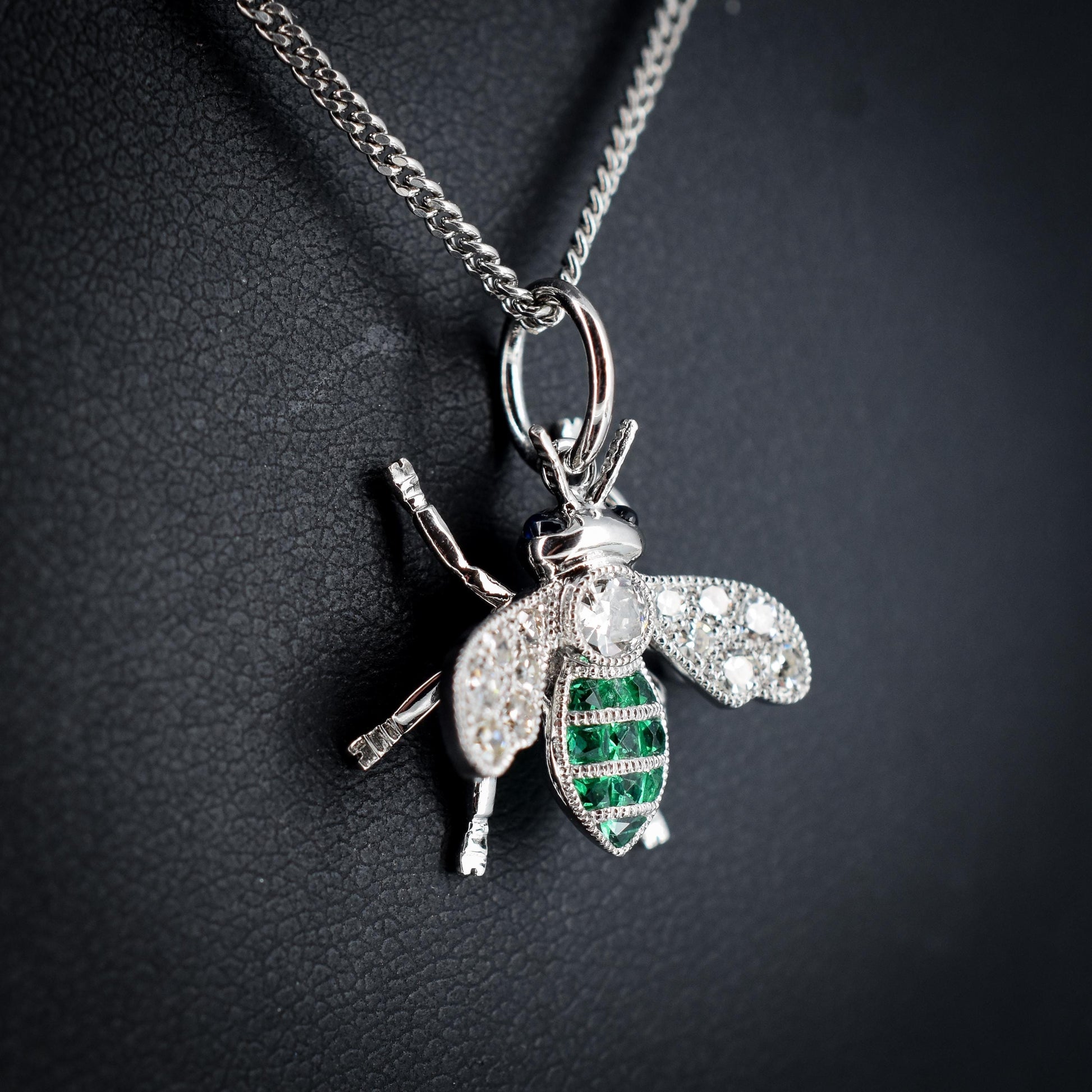 French Cut Emerald and Diamond Platinum Insect Bee Pendant | 0.25ct Diamond