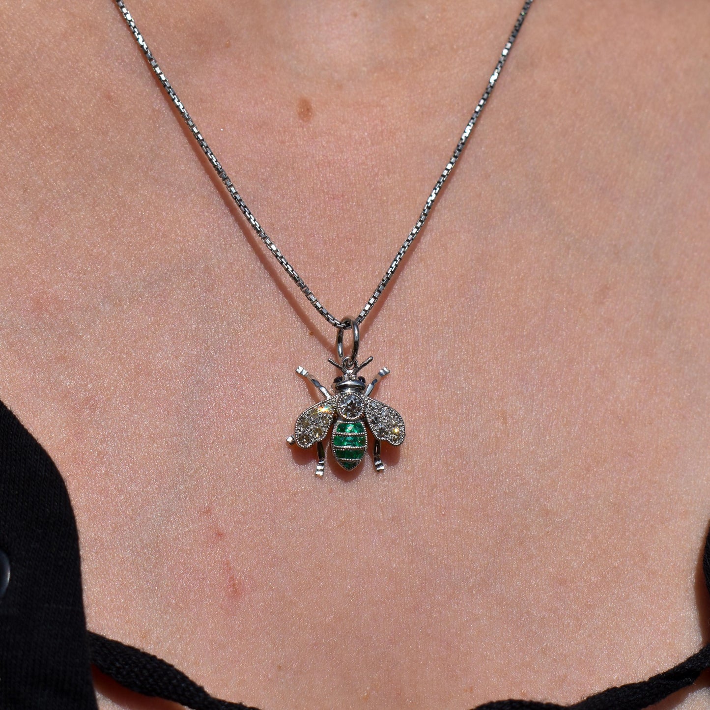 French Cut Emerald and Diamond Platinum Insect Bee Pendant | 0.25ct Diamond