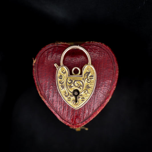 Antique 9ct Gold Engraved Opening Heart Padlock Charm Pendant