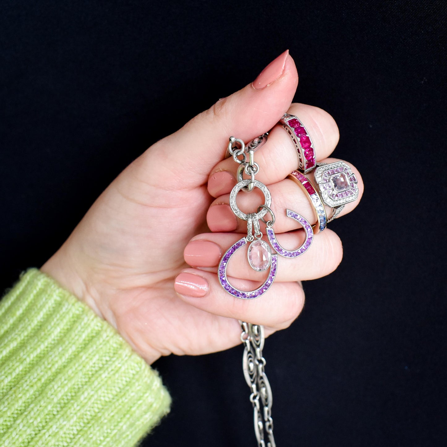 French Cut Ruby Platinum Engraved Connector Bail Charm