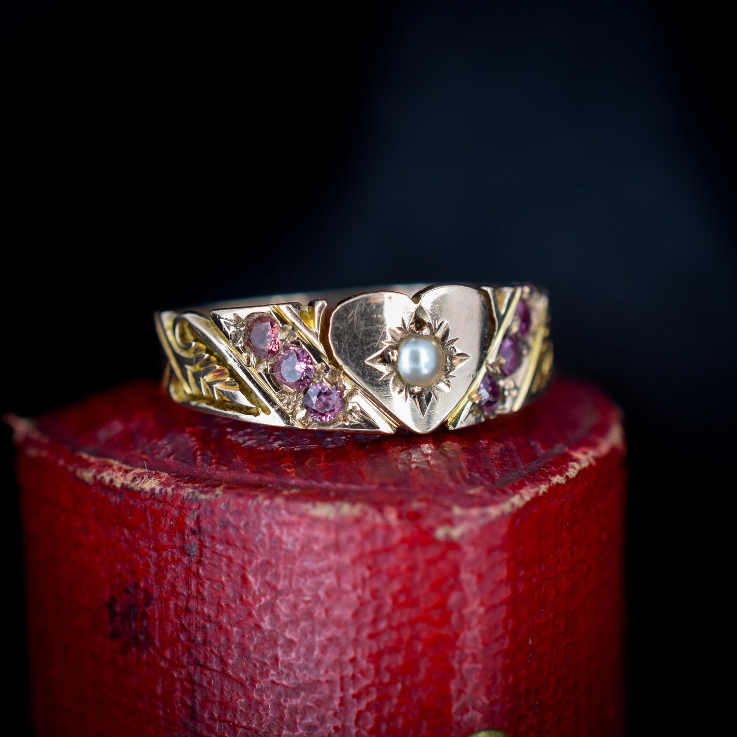 Antique Pearl and Pink Paste Heart Gold Band Ring - Dated 1911