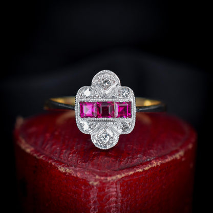 Art Deco Ruby and Diamond 18ct Gold and Platinum Ring