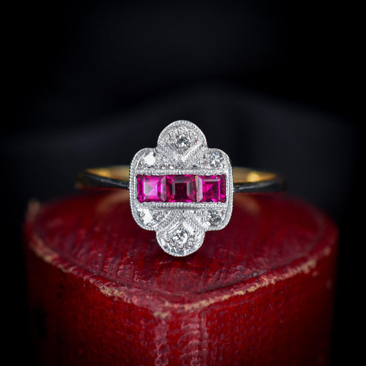 Art Deco Ruby and Diamond 18ct Gold and Platinum Ring