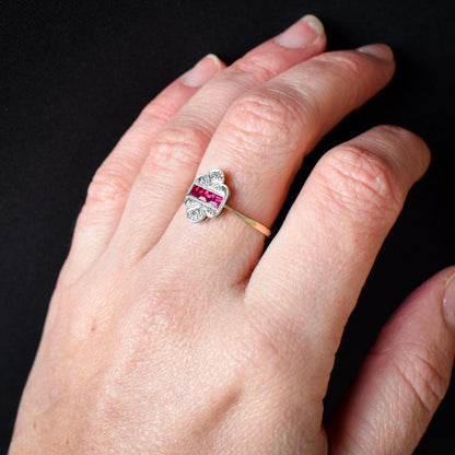 Art Deco Ruby and Diamond 18ct Gold and Platinum Ring