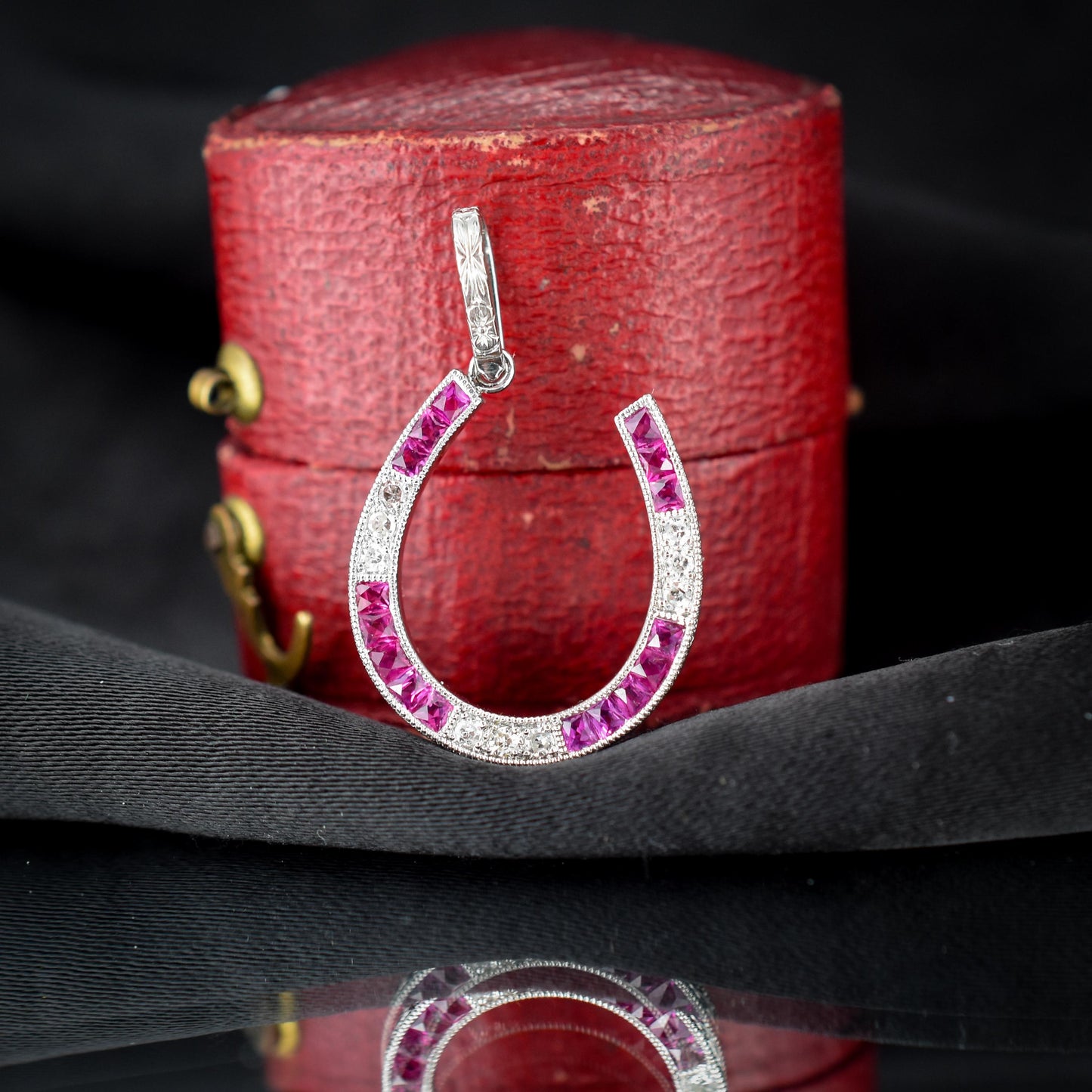 French Cut Ruby and Diamond Horseshoe Platinum Charm Pendant