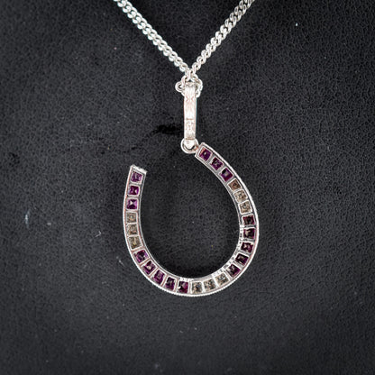 French Cut Ruby and Diamond Horseshoe Platinum Charm Pendant