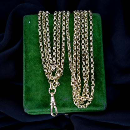 Antique Victorian Faceted Long Guard Muff Chain Rolled Gold Necklace with Dog Clip | 56"