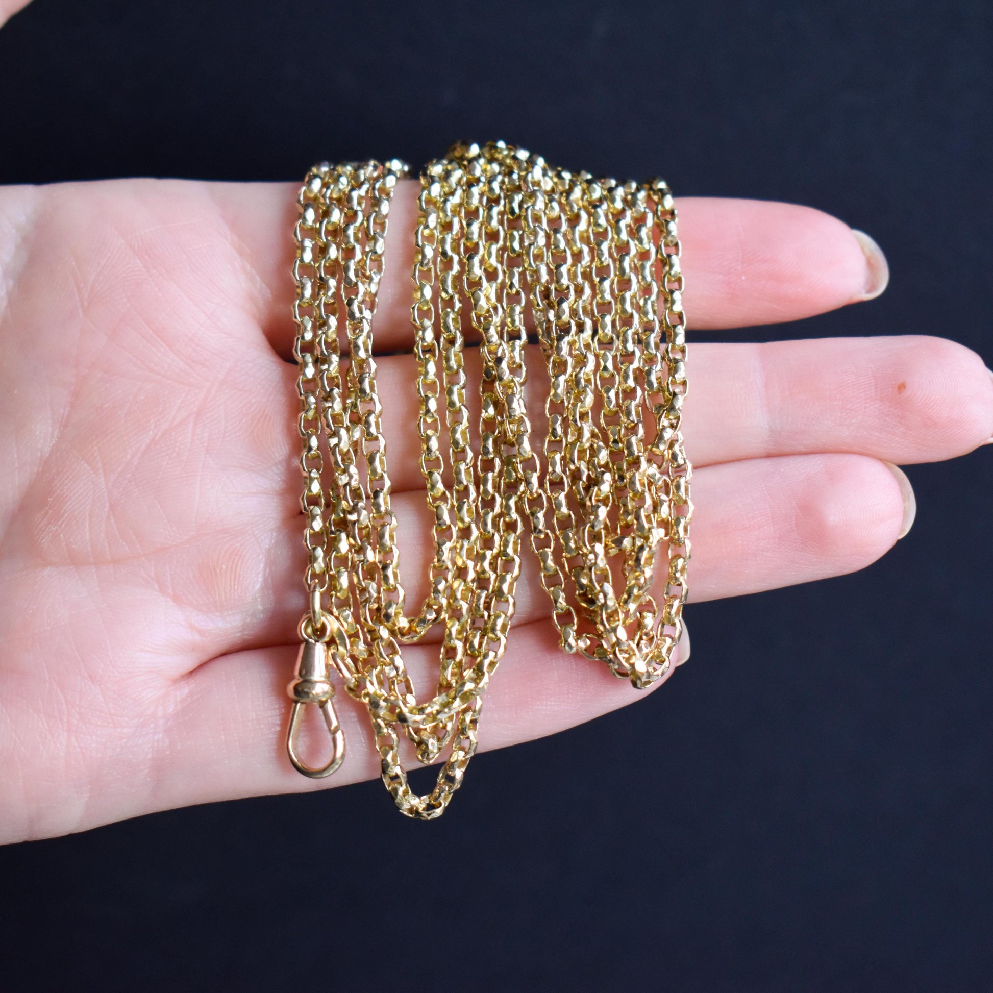 Antique Victorian Faceted Long Guard Muff Chain Rolled Gold Necklace with Dog Clip | 56"