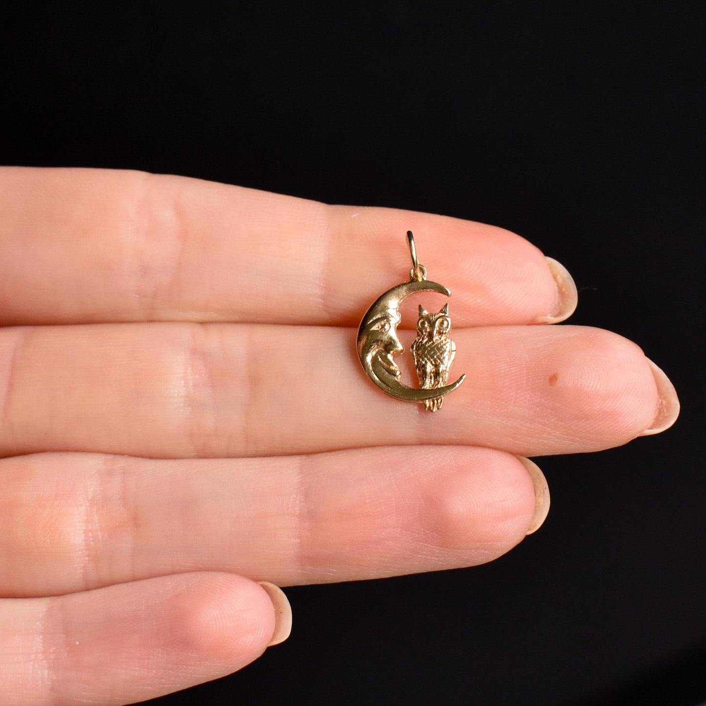 Vintage Man in the Moon Crescent Owl Gold Charm Pendant