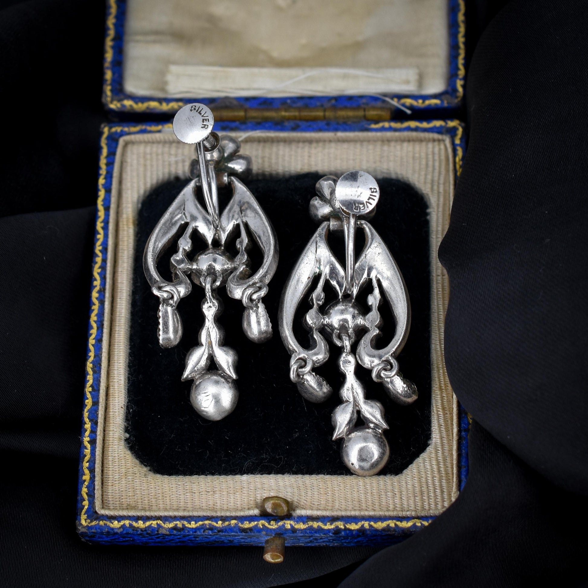 Antique Paste Silver Chandelier Screw Back Earrings