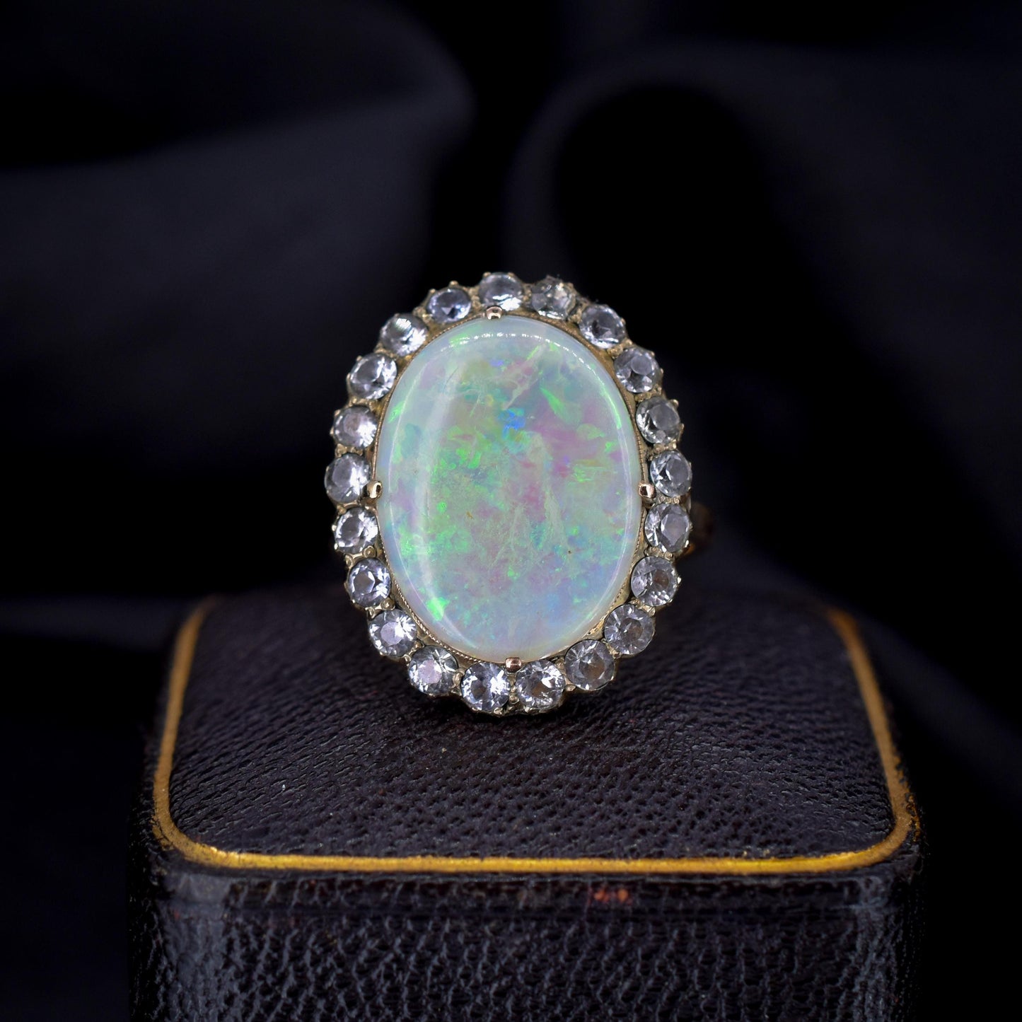 Antique Natural Opal and White Sapphire Oval Cluster Halo Gold Ring