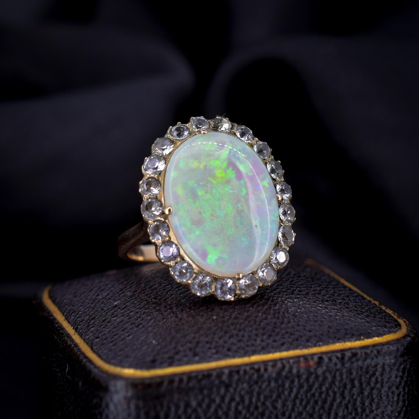 Antique Natural Opal and White Sapphire Oval Cluster Halo Gold Ring