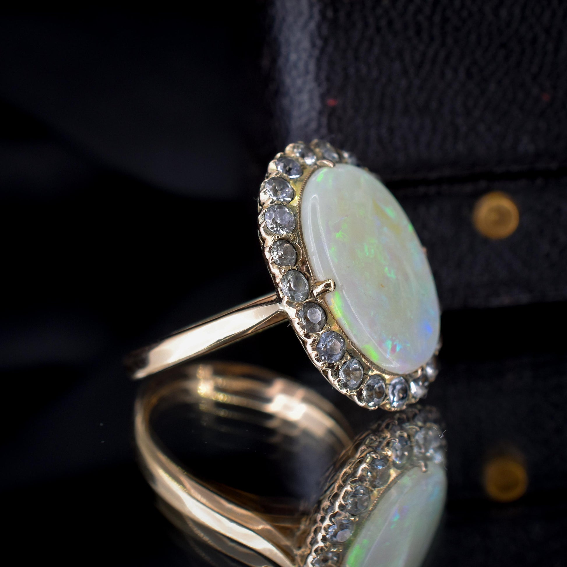 Antique Natural Opal and White Sapphire Oval Cluster Halo Gold Ring